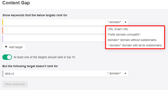 Možnosti nastavení nástroje Content gap v Ahrefs.