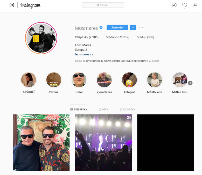 Instagram - příklad lajků u Leoše Mareše