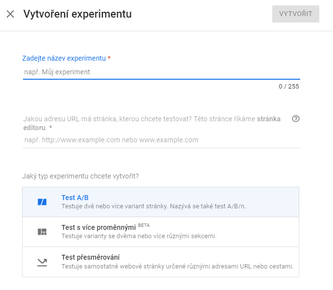 Založení experimentu v Google Optimize
