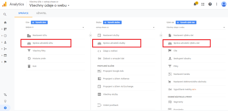 google analytics sdílení účtu