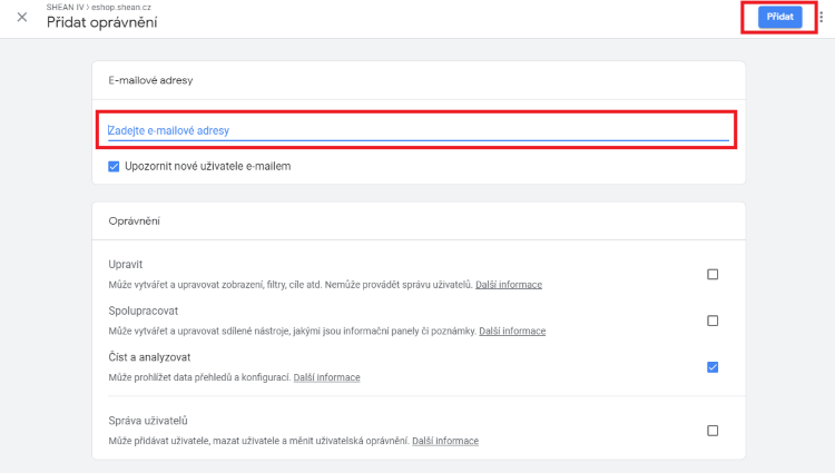 přidání oprávnění google analytics